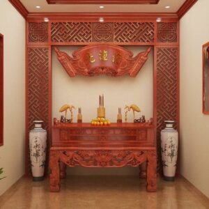 Bàn thờ gia tiên gỗ Hương đá, hoa văn tứ linh