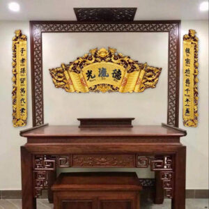 Bộ cuốn thư câu đối gỗ dổi chạm thủ công, sơn son thếp bạc